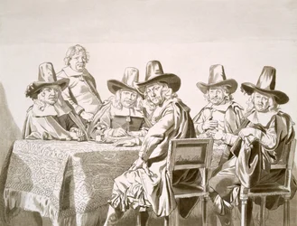 1600-talsmöte i en kommitté av stadsvärdiga eller liknande, runt ett bord, från 1663